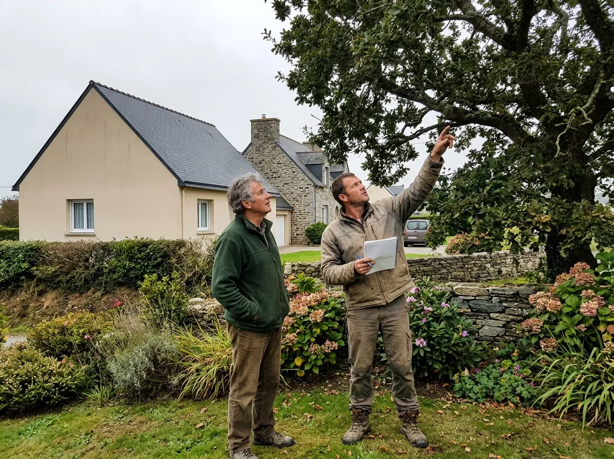 L'artisan montre l'arbre au propriétaire et prend des notes