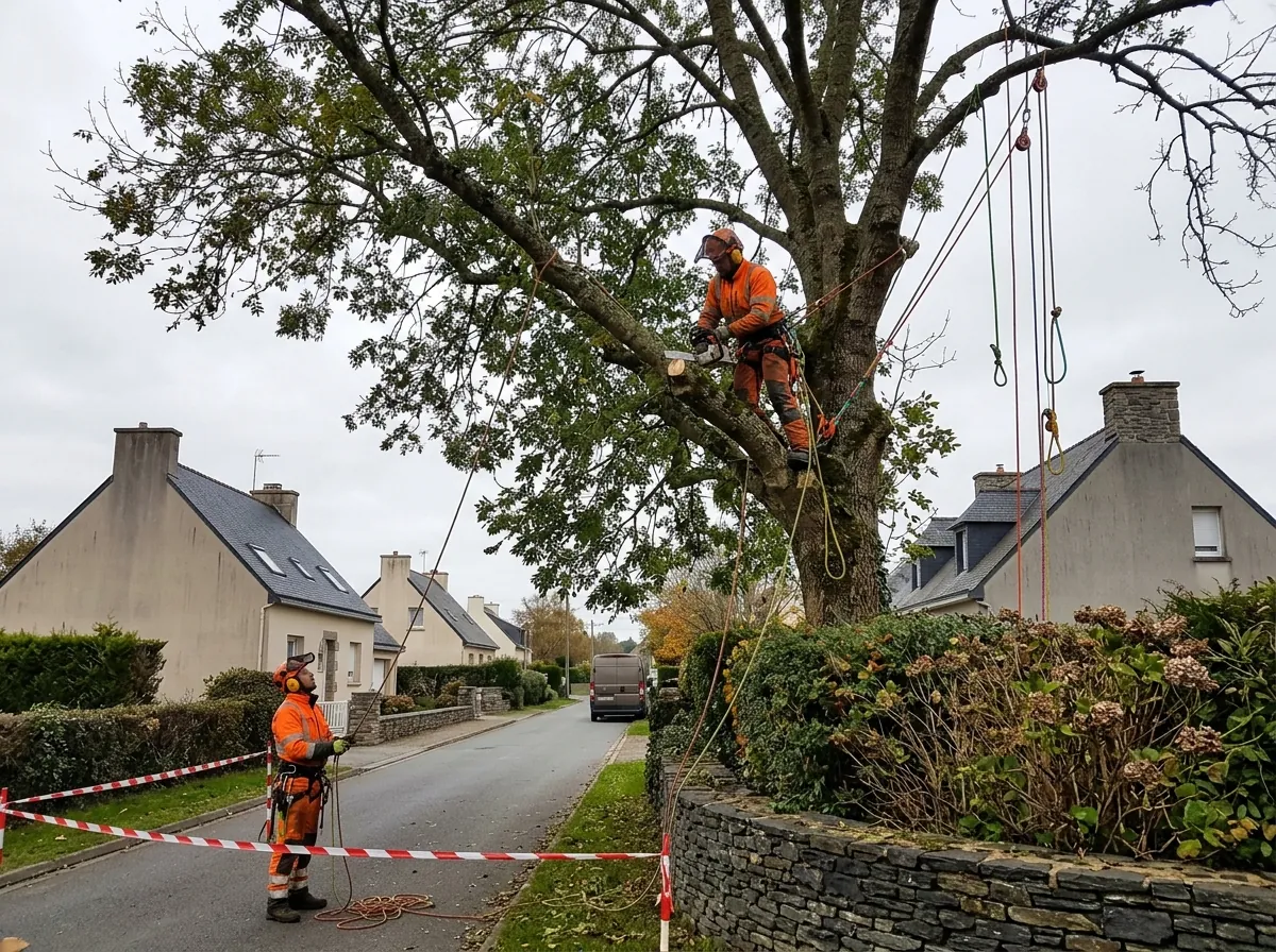 Élagueur-grimpeur encordé dans un chêne, en bord de rue