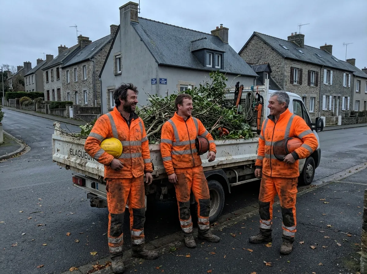 L’équipe prête à repartir, camion chargé de branches