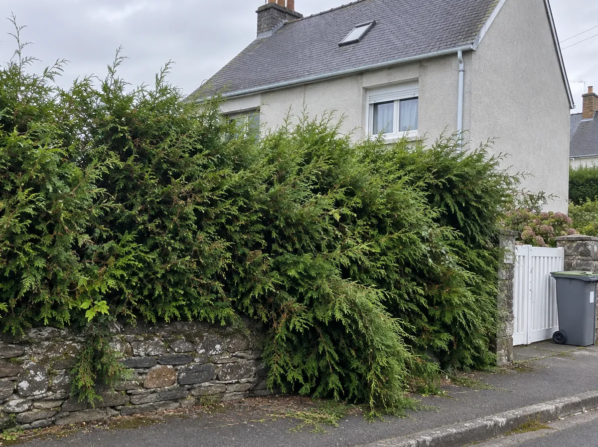 Haie de thuyas qui déborde sur le muret, avant taille