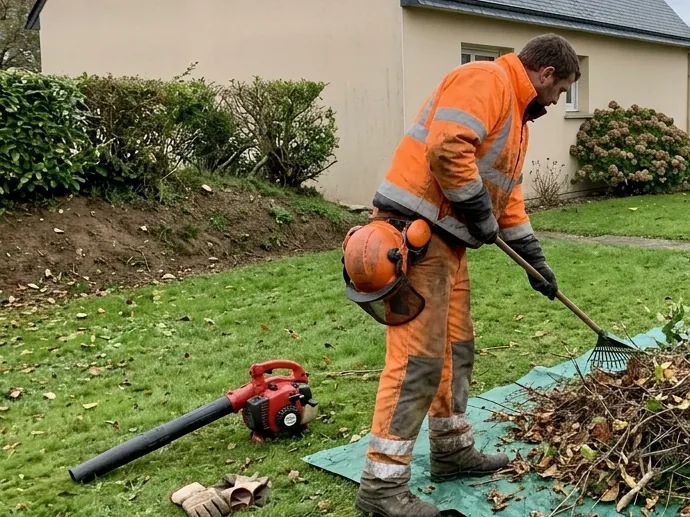 Ramassage des branches sur une bâche en fin de chantier