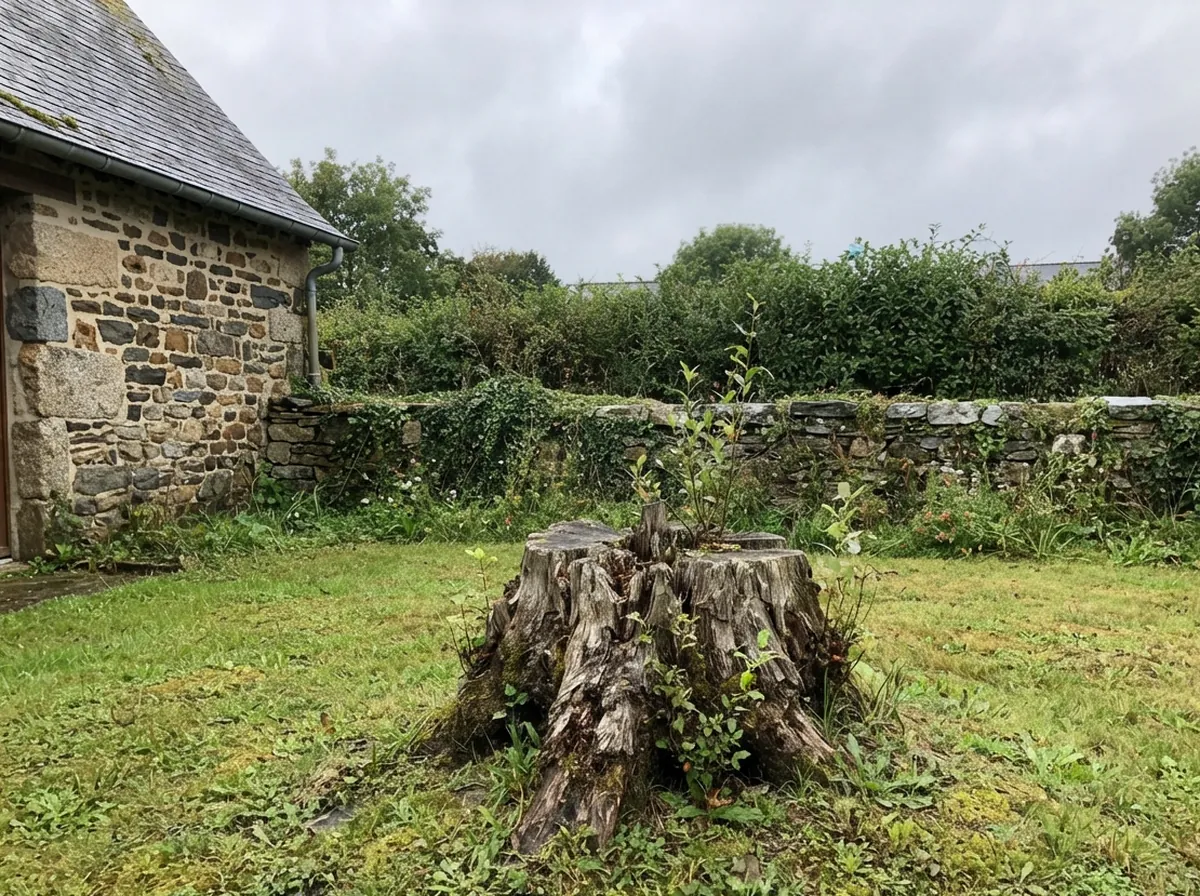 Souche au milieu de la pelouse, avant rognage